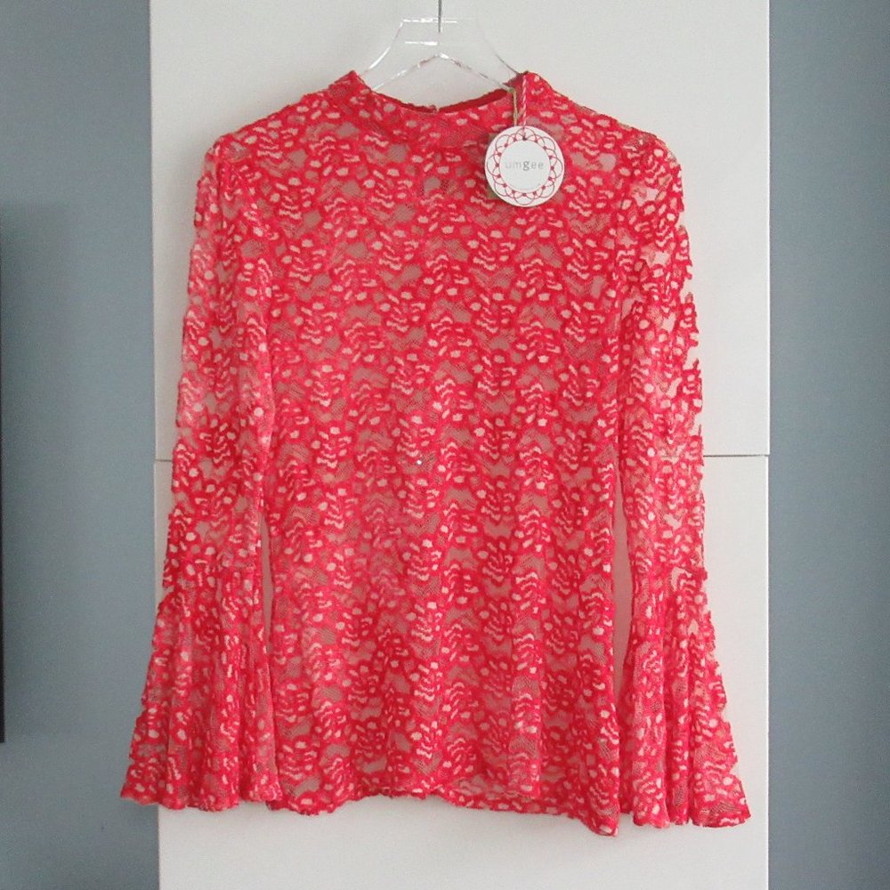 UMGEE Top Womens Small Red Floral Sheer Lace Long Flutter Sleeve Mock Neck NWT